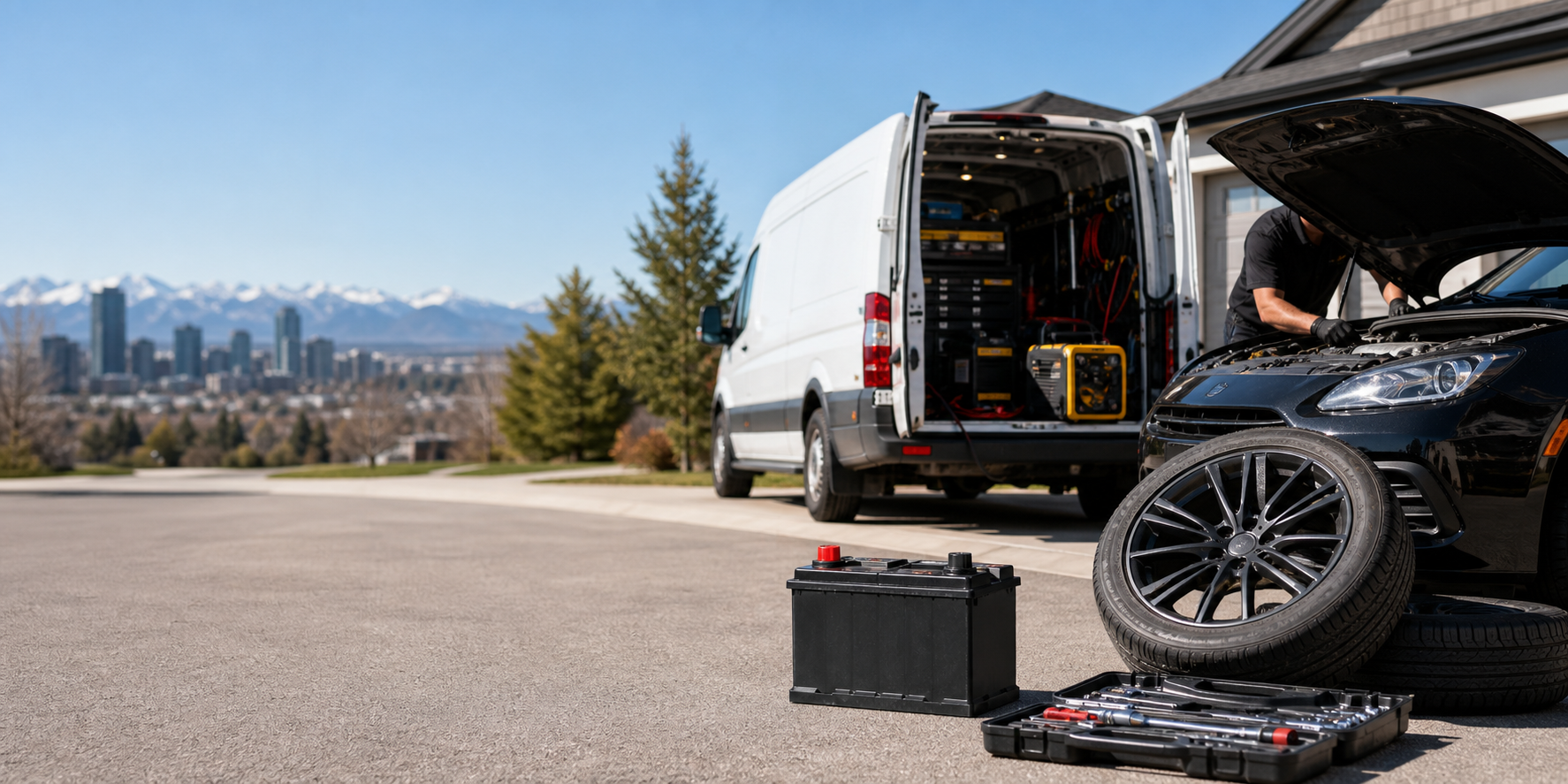 Mobile automotive service van with tire and battery tools in a Calgary driveway